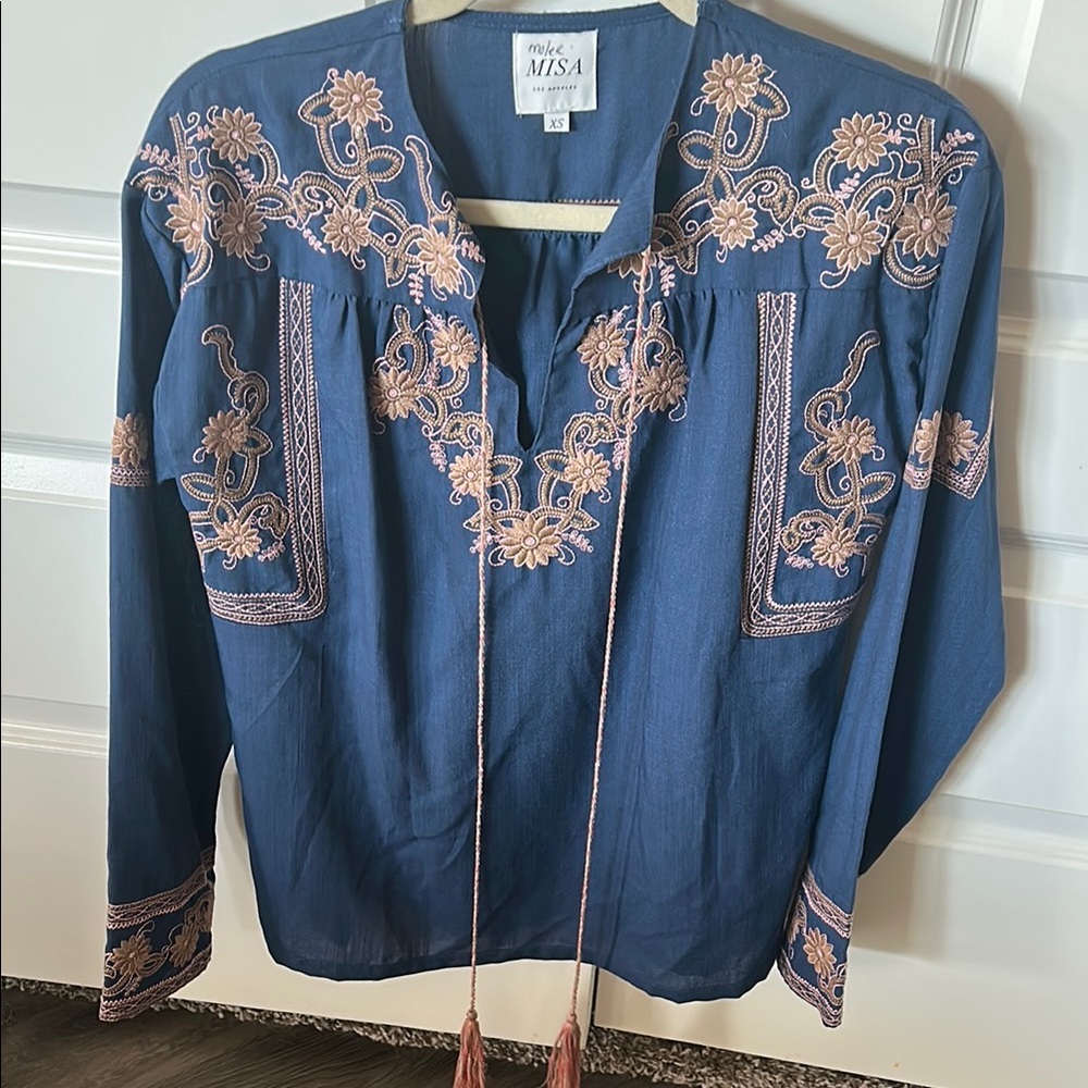 Misa Blue Top with Pink Embroidery